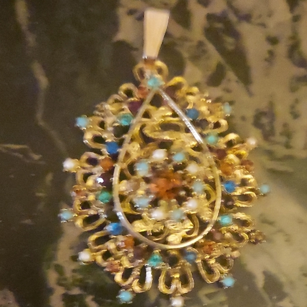 Gold and Multicolor Teardrop Brooch